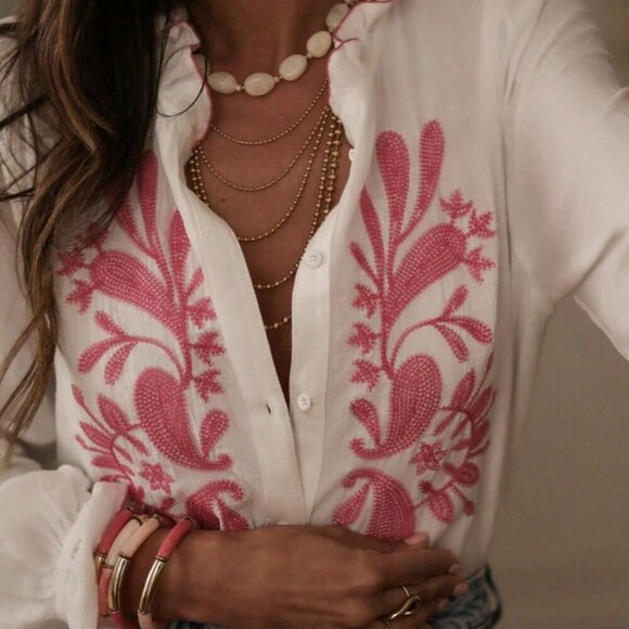 White Casual Womens Delicate Ruffle Hem Semi-Sheer Printed Blouse - Picture 5 of 5